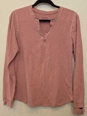 Ribbed Henley Long Sleeve Top - Dusty Rose